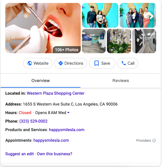 Image of a Google Business Profile to for a dentists office