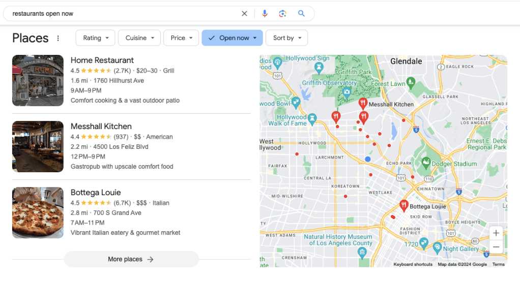 local seo search results for restaurants open now