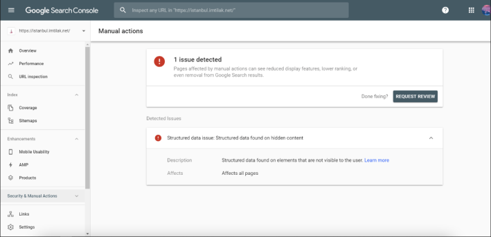Notice of a manual penalty issued in Google Search Console